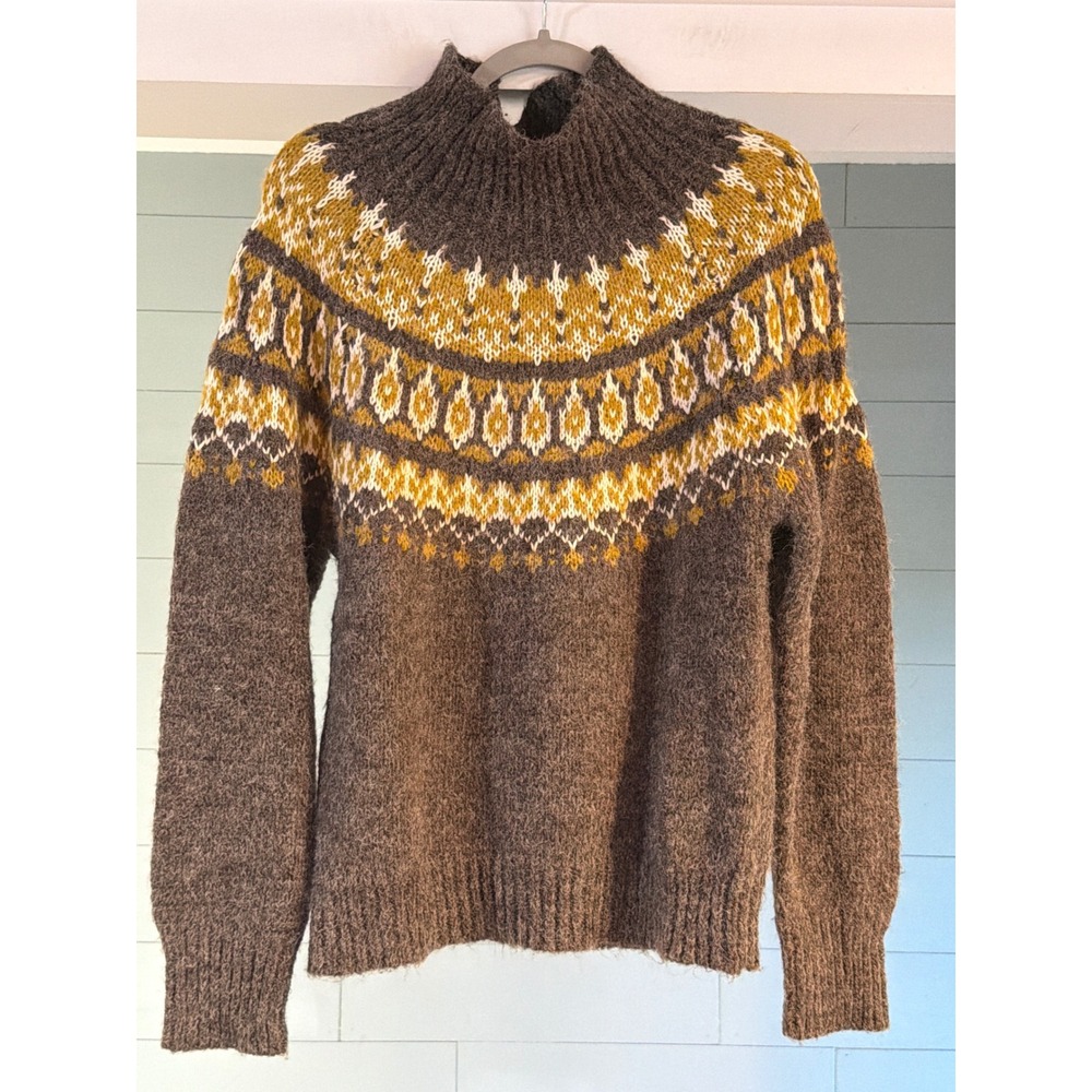Moon River Brown Fair Isle Mock Neck Knit Sweater Womens XS Nordic Pullover